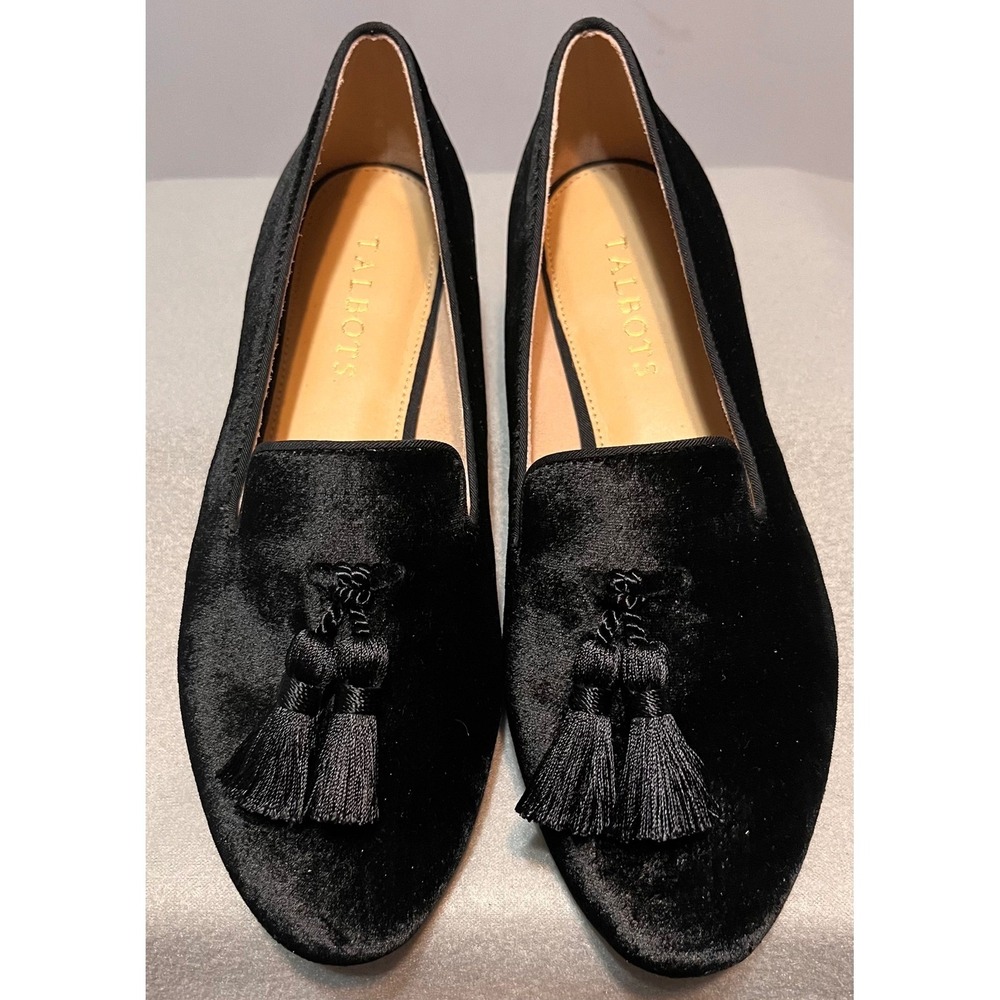 Talbots Womens Black Velvet Tassel Ryan Loafers Sz 7N Gold Heel Accent Flats